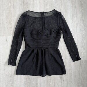 Burberry London Mesh Top Black 100% Silk Ruched Peplum Size 6 (US 4) NWT